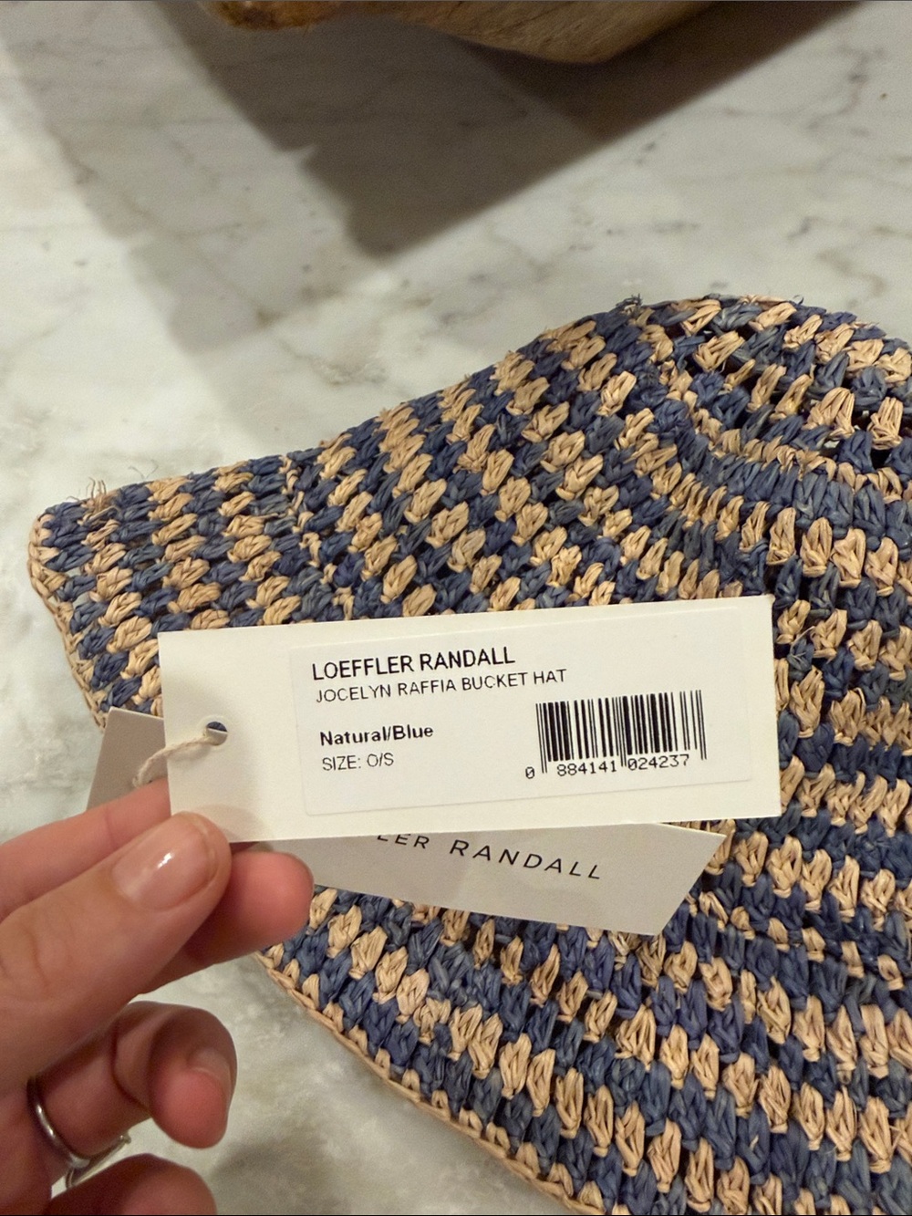 NWT Loeffler Randall Navy and Tan Crochet Bucket Hat - Picture 2 of 2